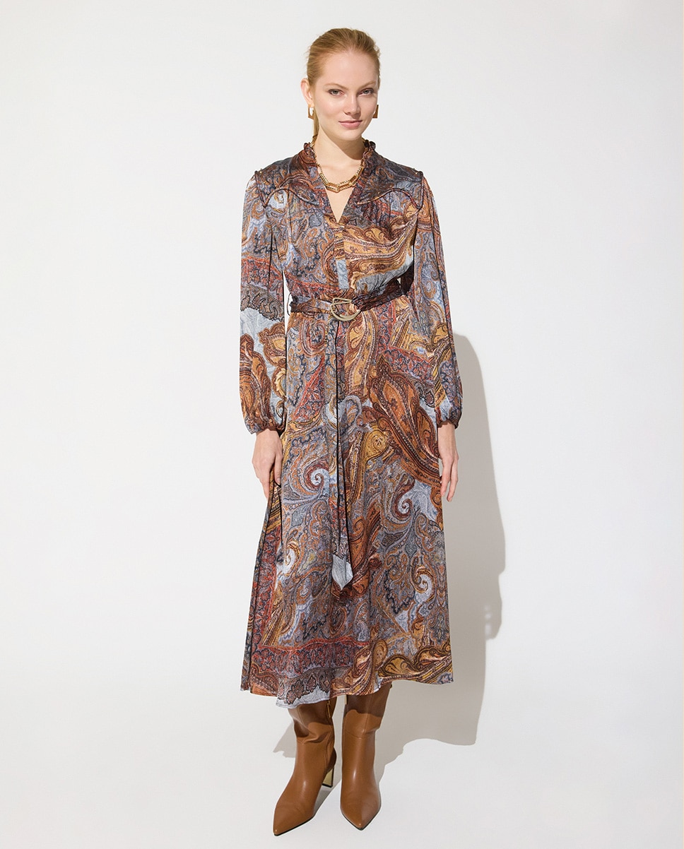 Vestido midi boho con detalles strass y cinturón con buckle dorado - Lola Casademunt - Multicolor Multicolor-1