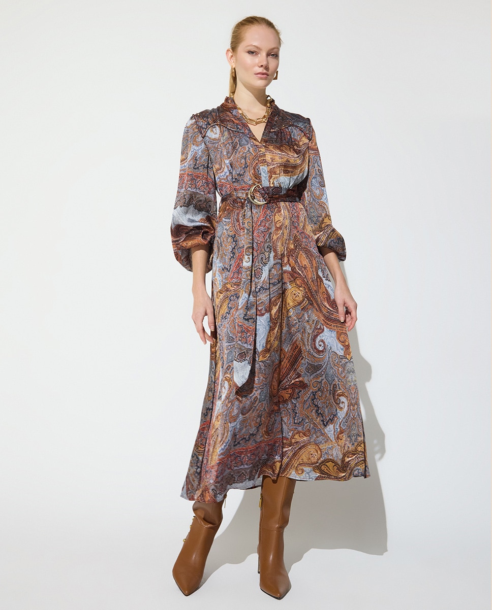 Vestido midi boho con detalles strass y cinturón con buckle dorado - Lola Casademunt - Multicolor Multicolor-2