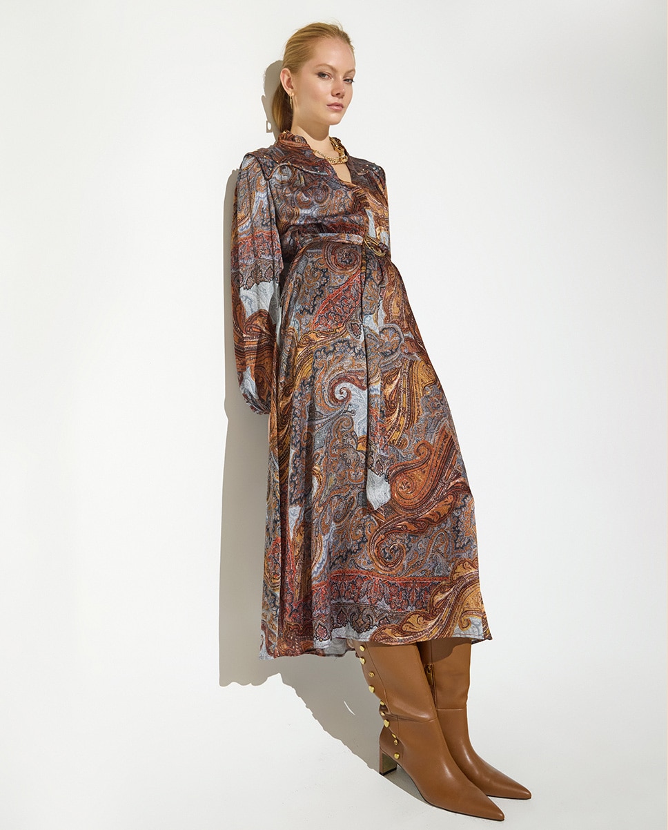 Vestido midi boho con detalles strass y cinturón con buckle dorado - Lola Casademunt - Multicolor Multicolor-3