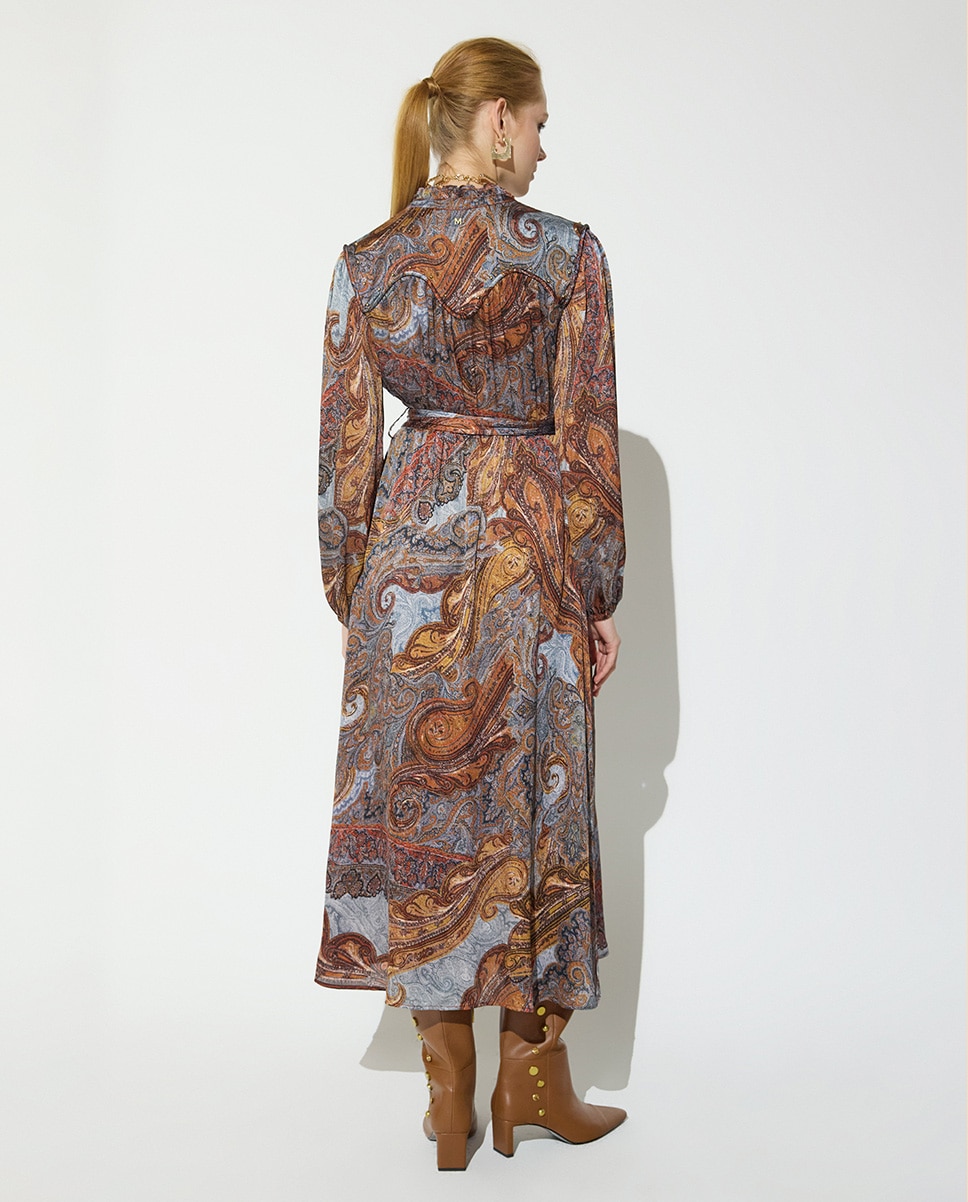 Vestido midi boho con detalles strass y cinturón con buckle dorado - Lola Casademunt - Multicolor Multicolor-5