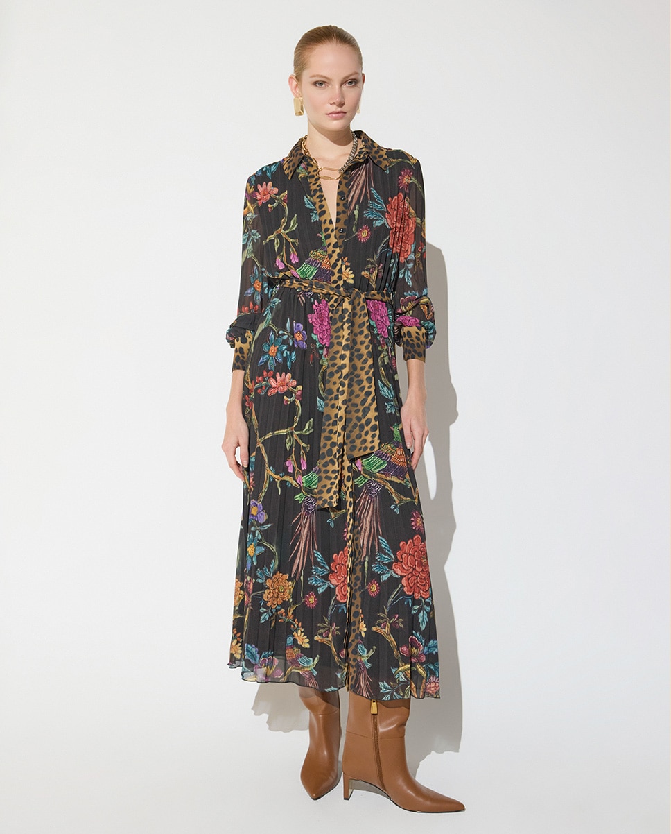 Vestido midi plisado estampado con placket a contraste 45a - Lola Casademunt - Multicolor Multicolor-1