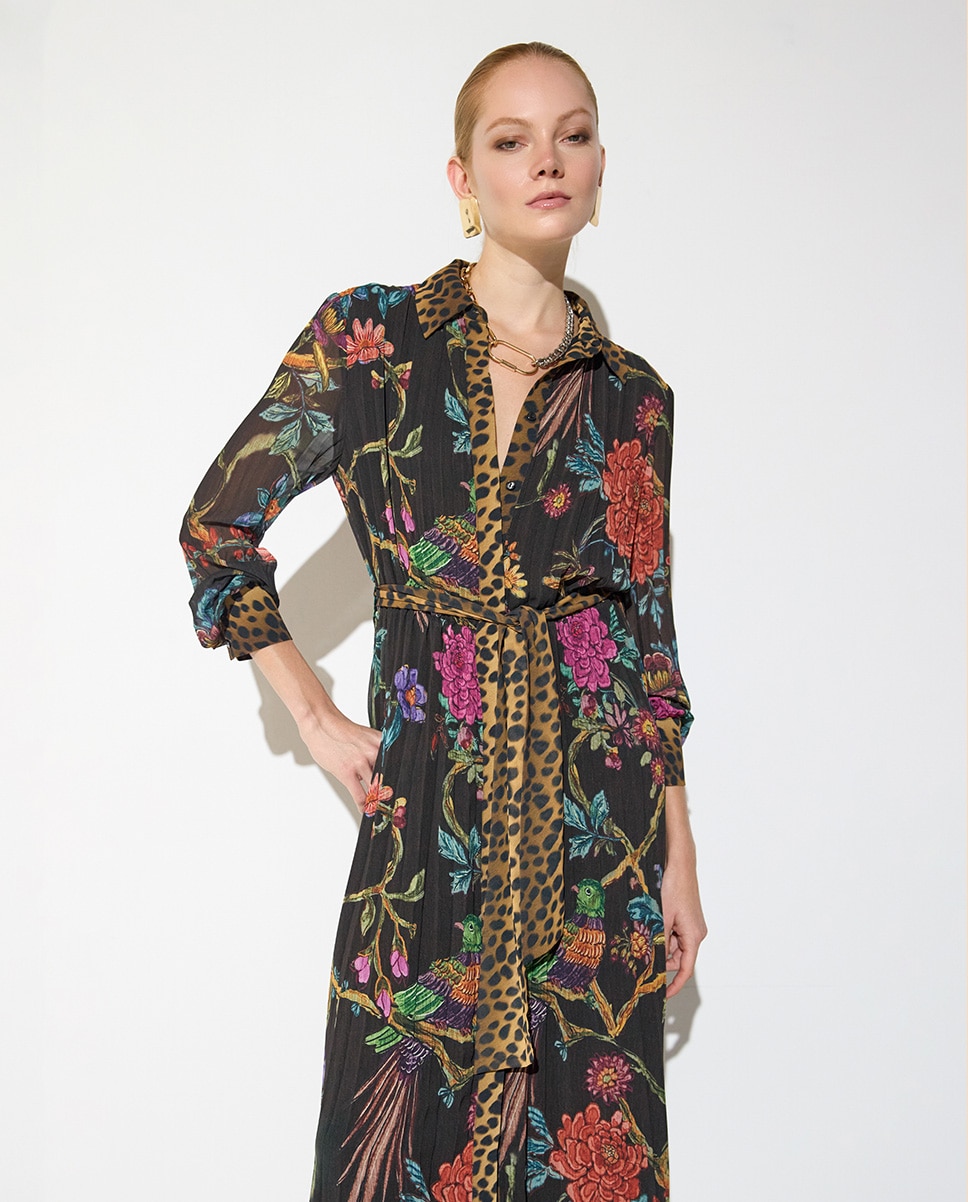 Vestido midi plisado estampado con placket a contraste 45a - Lola Casademunt - Multicolor Multicolor-2