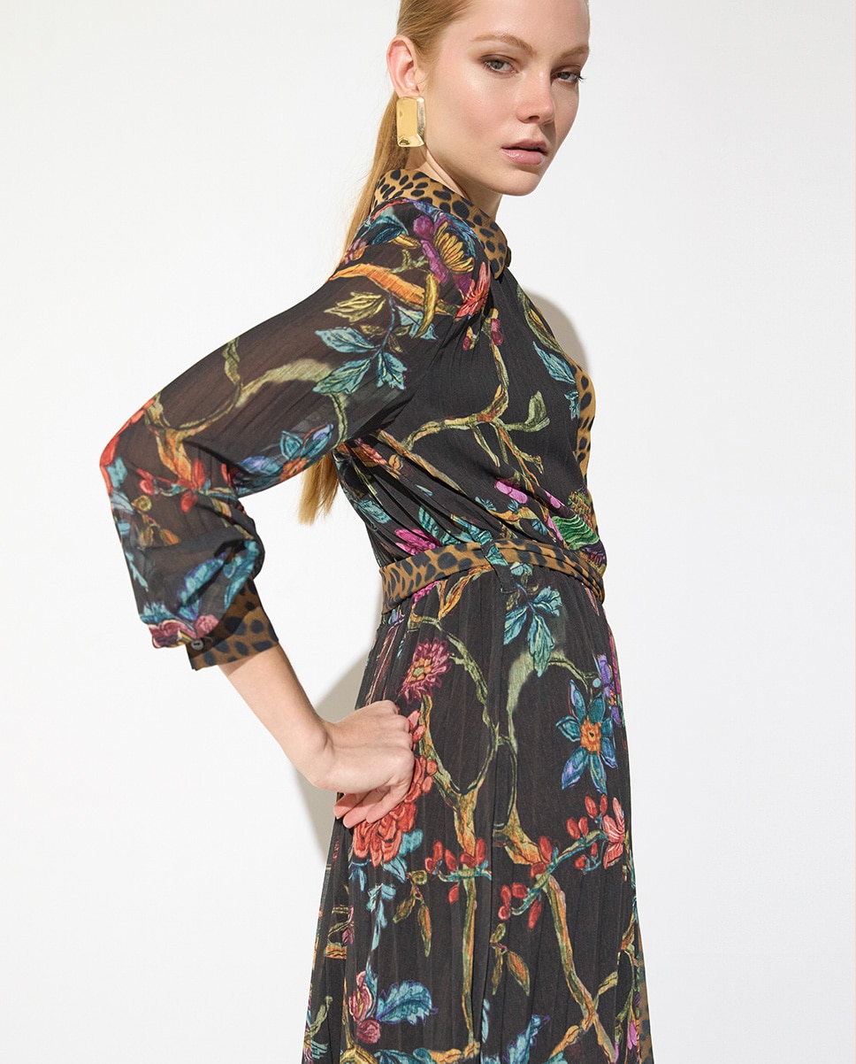 Vestido midi plisado estampado con placket a contraste 45a - Lola Casademunt - Multicolor Multicolor-3