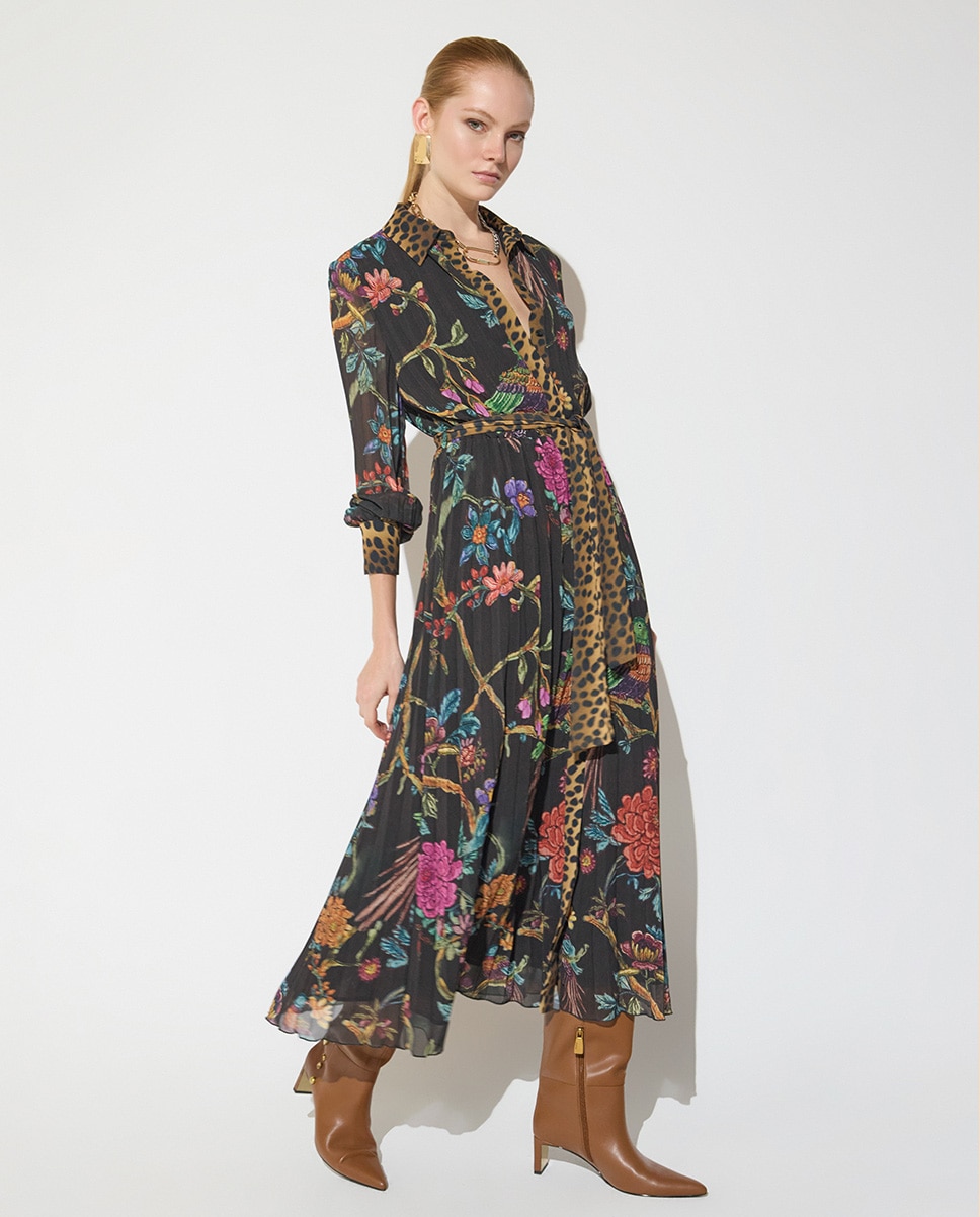 Vestido midi plisado estampado con placket a contraste 45a - Lola Casademunt - Multicolor Multicolor-4