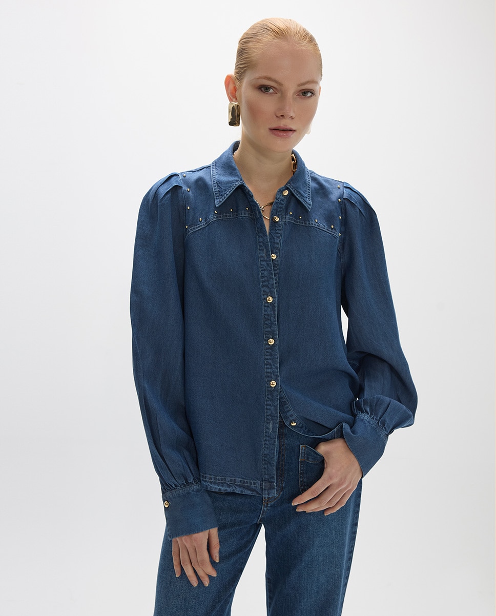 Camisa de mujer tejana detalle bolitas doradas con canesú - Lola Casademunt - Azul índigo Azul índigo-1