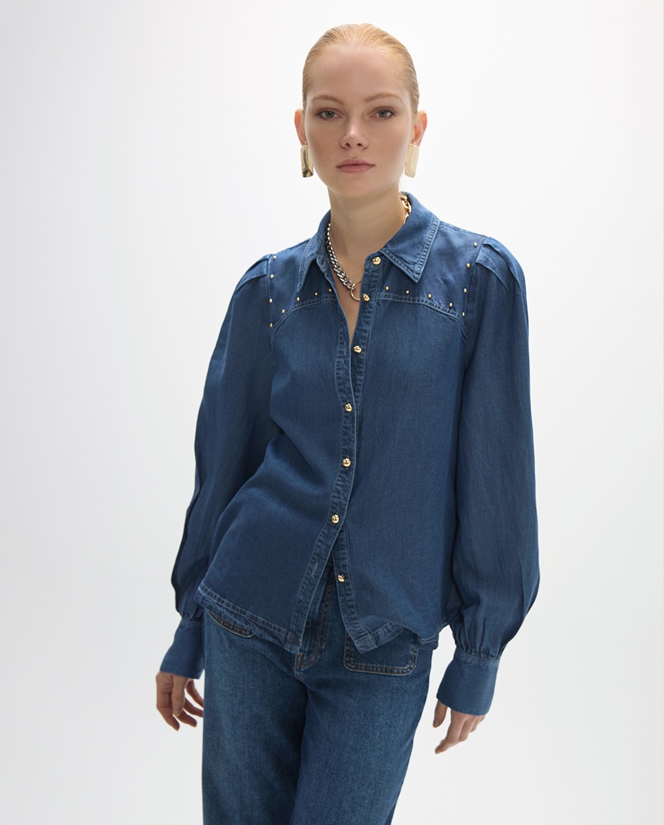 Camisa de mujer tejana detalle bolitas doradas con canesú - Lola Casademunt - Azul índigo Azul índigo-2