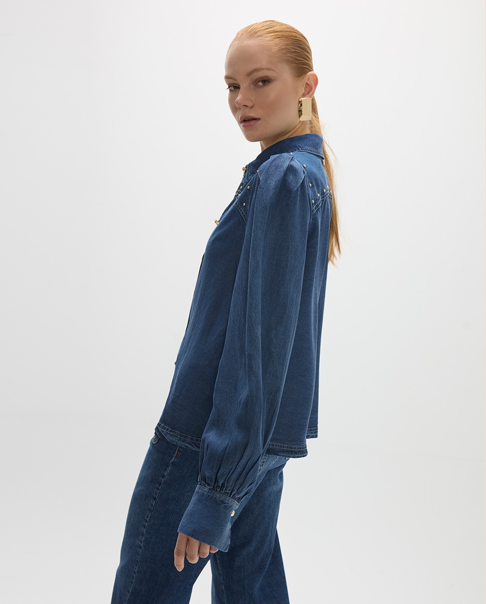 Camisa de mujer tejana detalle bolitas doradas con canesú - Lola Casademunt - Azul índigo Azul índigo-4
