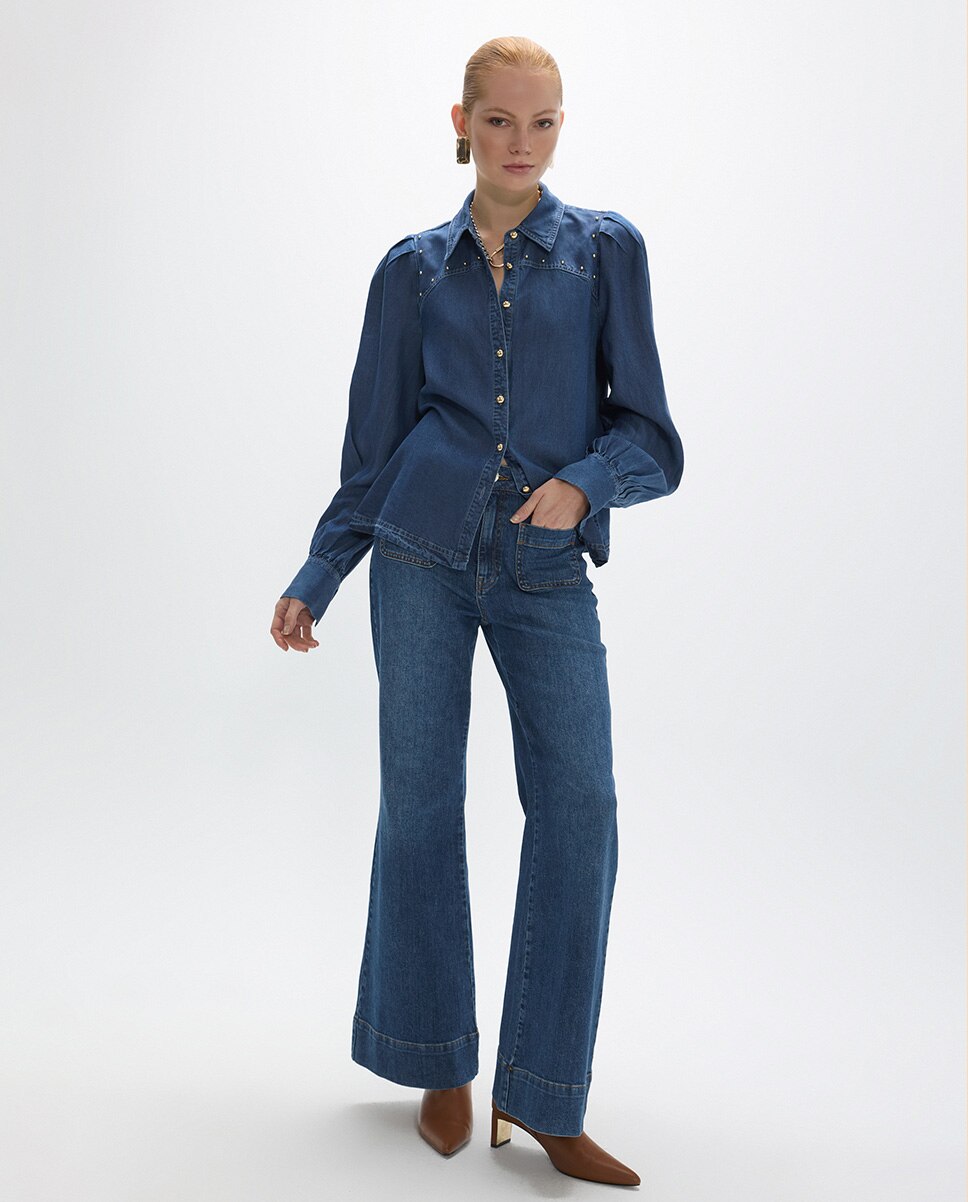 Camisa de mujer tejana detalle bolitas doradas con canesú - Lola Casademunt - Azul índigo Azul índigo-5