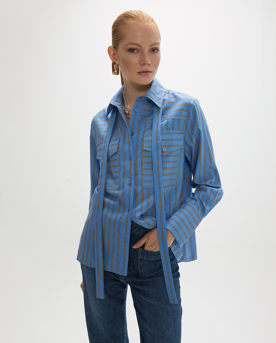 Camisa de mujer popelín de rayas lazada ajustable - Lola Casademunt - Azul Azul-1