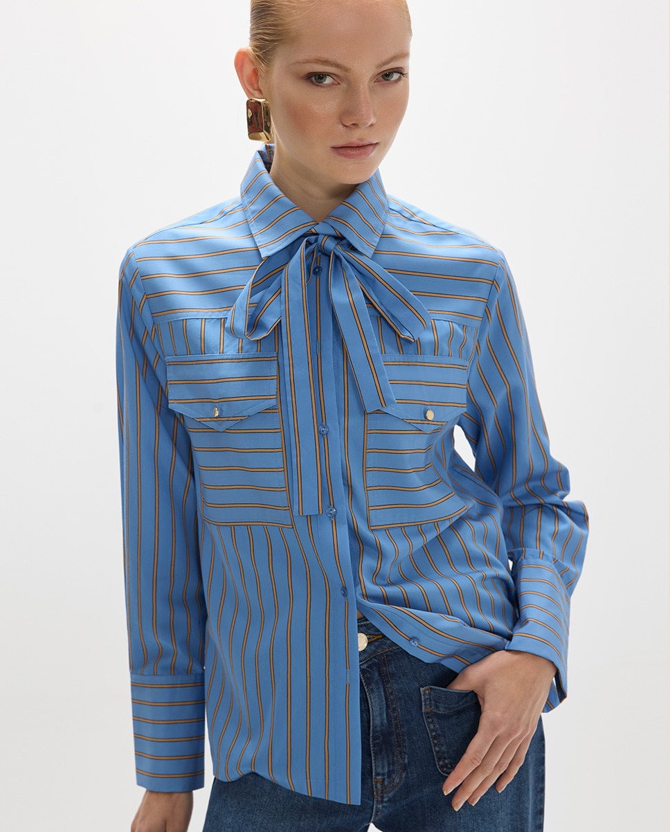 Camisa de mujer popelín de rayas lazada ajustable - Lola Casademunt - Azul Azul-2