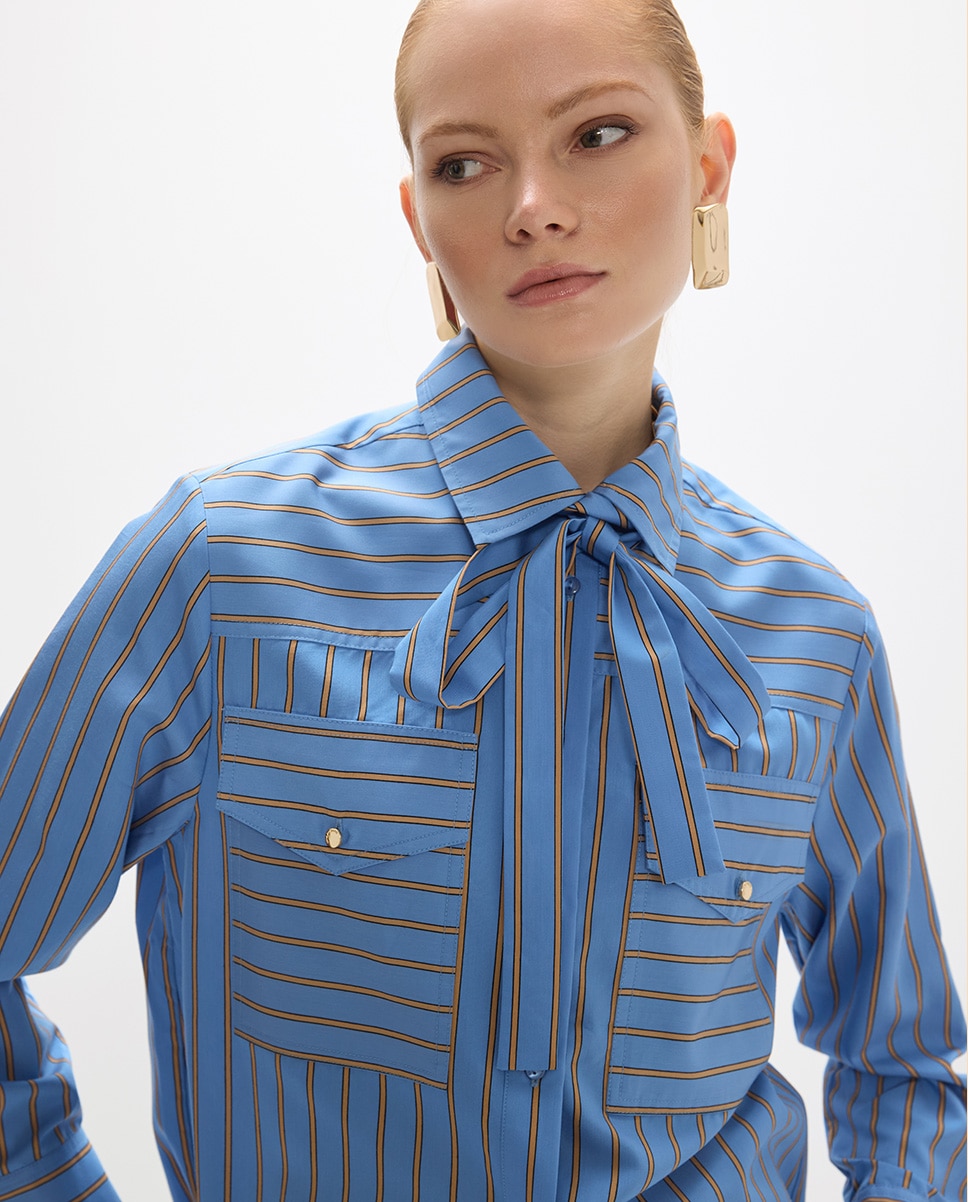 Camisa de mujer popelín de rayas lazada ajustable - Lola Casademunt - Azul Azul-3