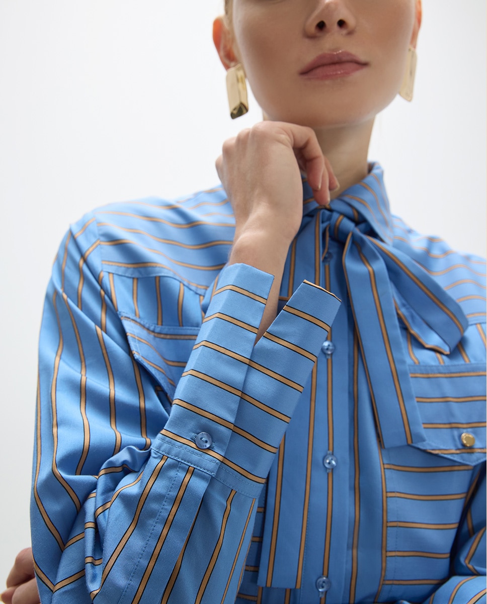Camisa de mujer popelín de rayas lazada ajustable - Lola Casademunt - Azul Azul-4