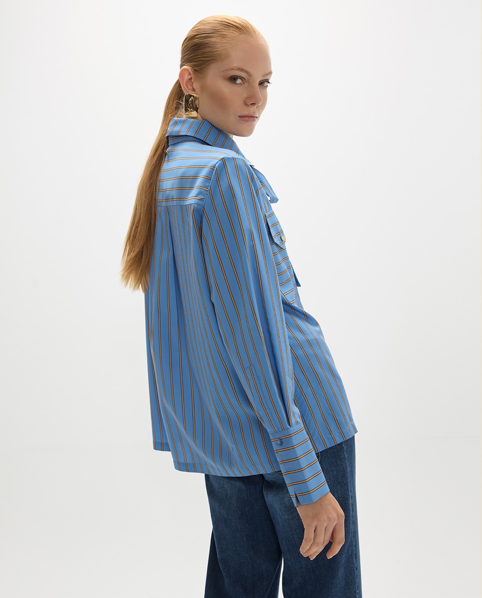 Camisa de mujer popelín de rayas lazada ajustable - Lola Casademunt - Azul Azul-5