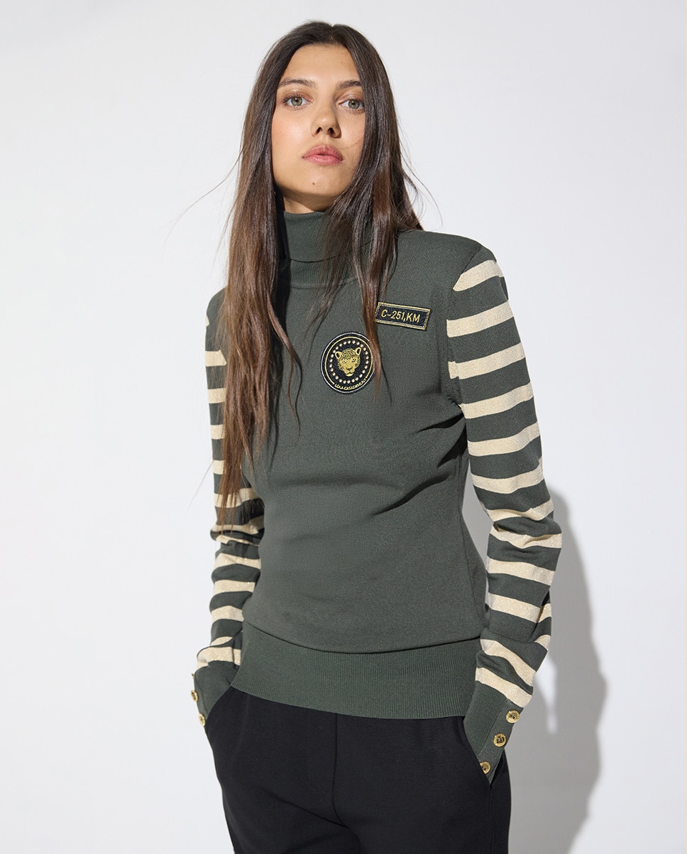 Jersey de mujer rayas lurex parches - Lola Casademunt - Verde militar Verde militar-1