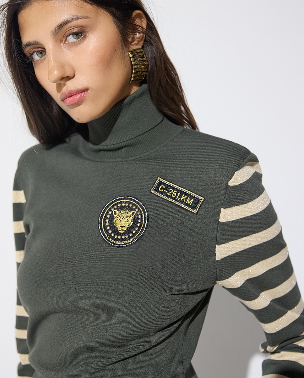Jersey de mujer rayas lurex parches - Lola Casademunt - Verde militar Verde militar-2
