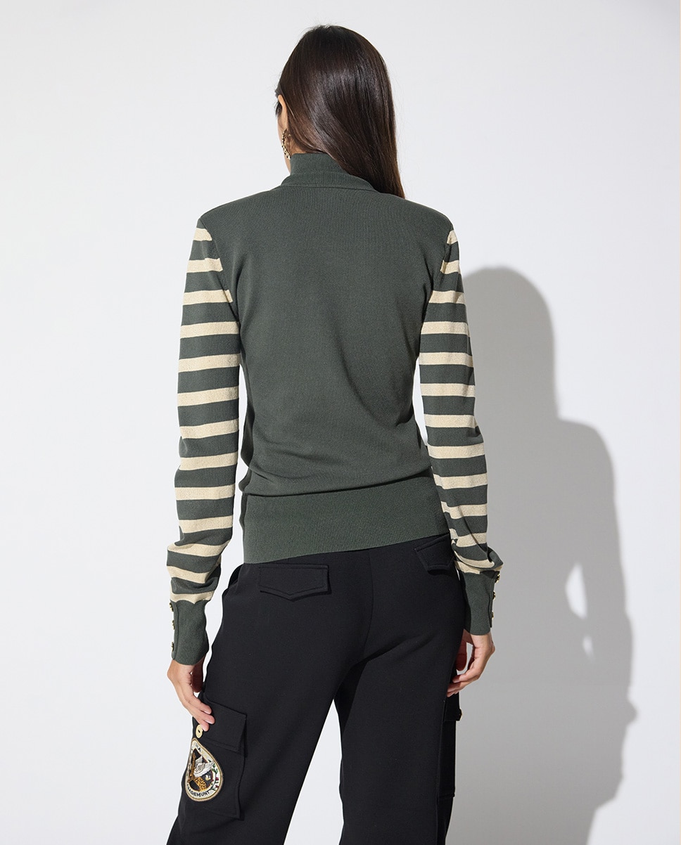 Jersey de mujer rayas lurex parches - Lola Casademunt - Verde militar Verde militar-3