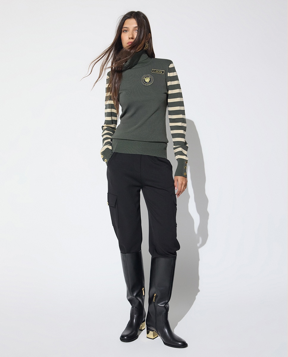 Jersey de mujer rayas lurex parches - Lola Casademunt - Verde militar Verde militar-4