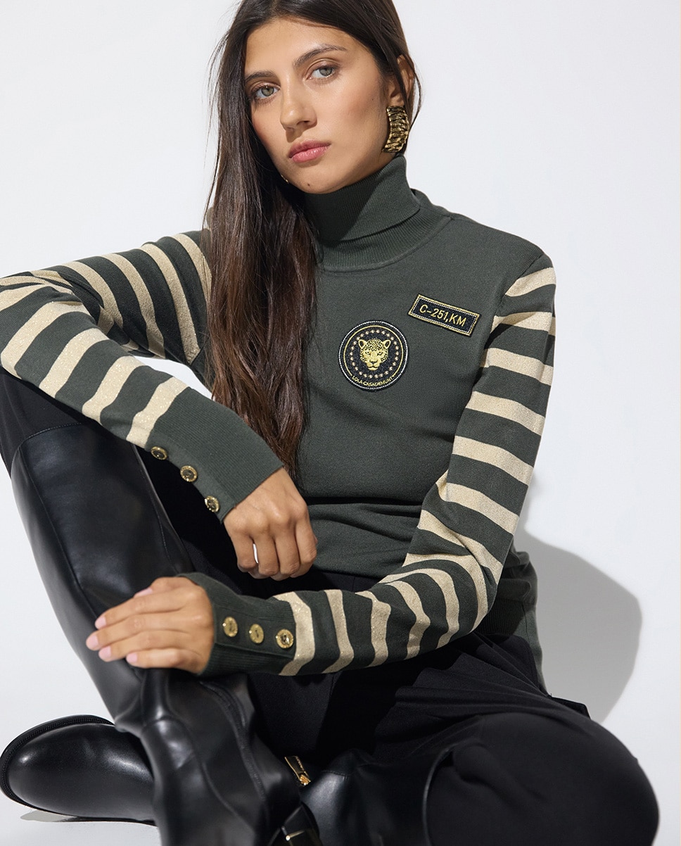 Jersey de mujer rayas lurex parches - Lola Casademunt - Verde militar Verde militar-5