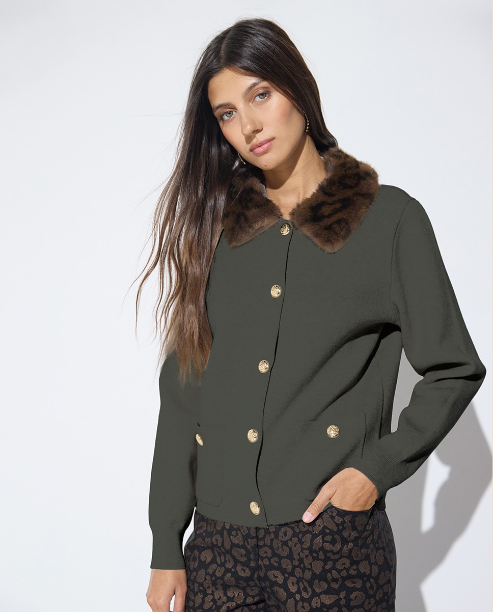 Cárdigan de mujer con cuello de pelo - Lola Casademunt - Verde pardo Verde pardo-1