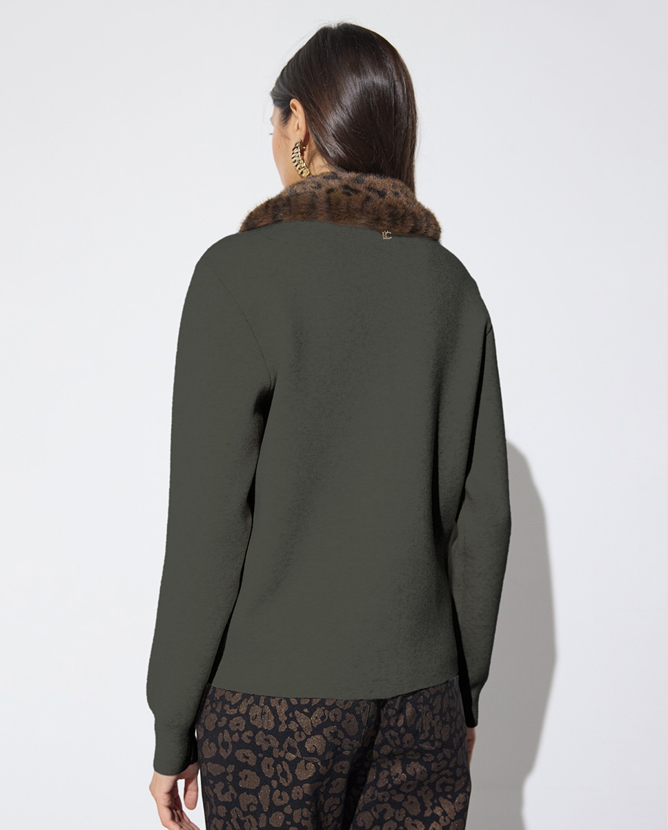 Cárdigan de mujer con cuello de pelo - Lola Casademunt - Verde pardo Verde pardo-3