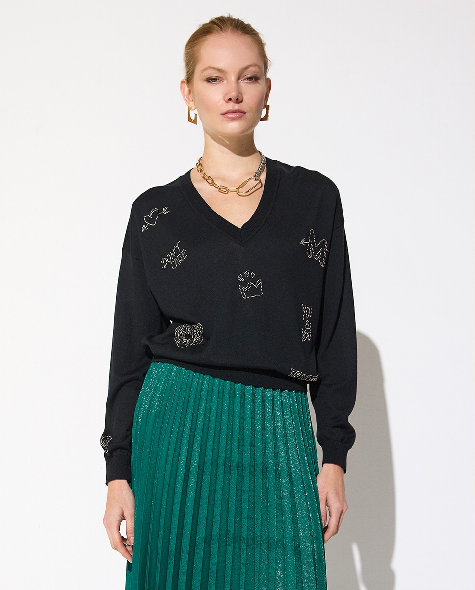 Jersey de mujer escote de pico con cristales - Lola Casademunt - Negro Negro-1