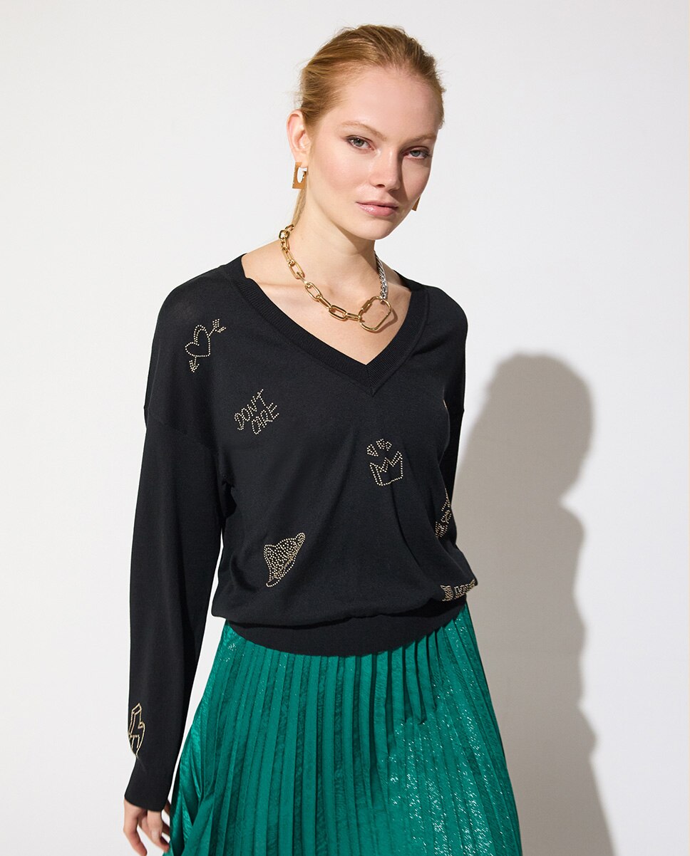 Jersey de mujer escote de pico con cristales - Lola Casademunt - Negro Negro-2