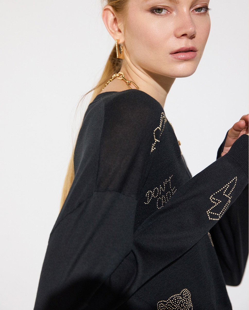 Jersey de mujer escote de pico con cristales - Lola Casademunt - Negro Negro-3