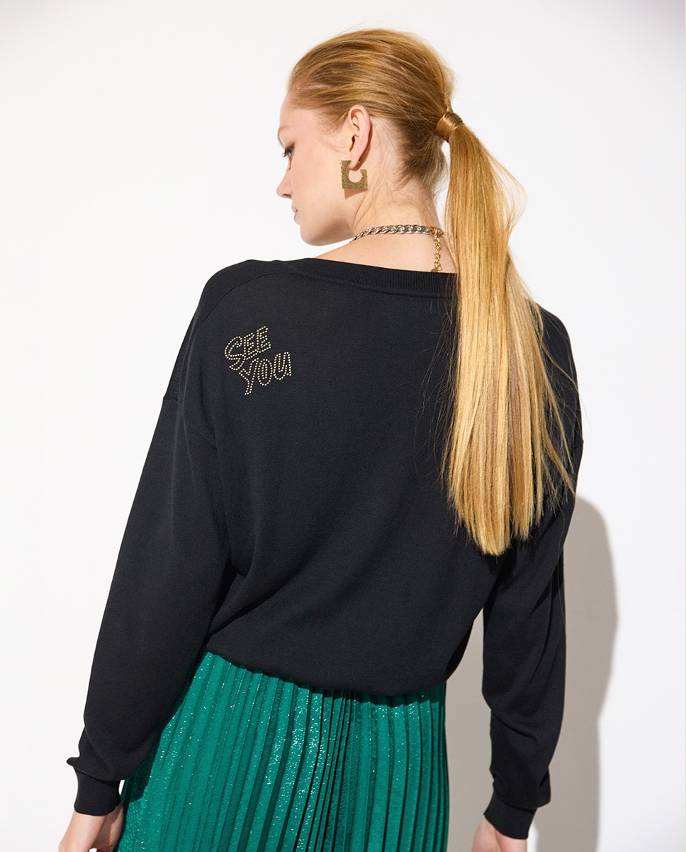 Jersey de mujer escote de pico con cristales - Lola Casademunt - Negro Negro-4