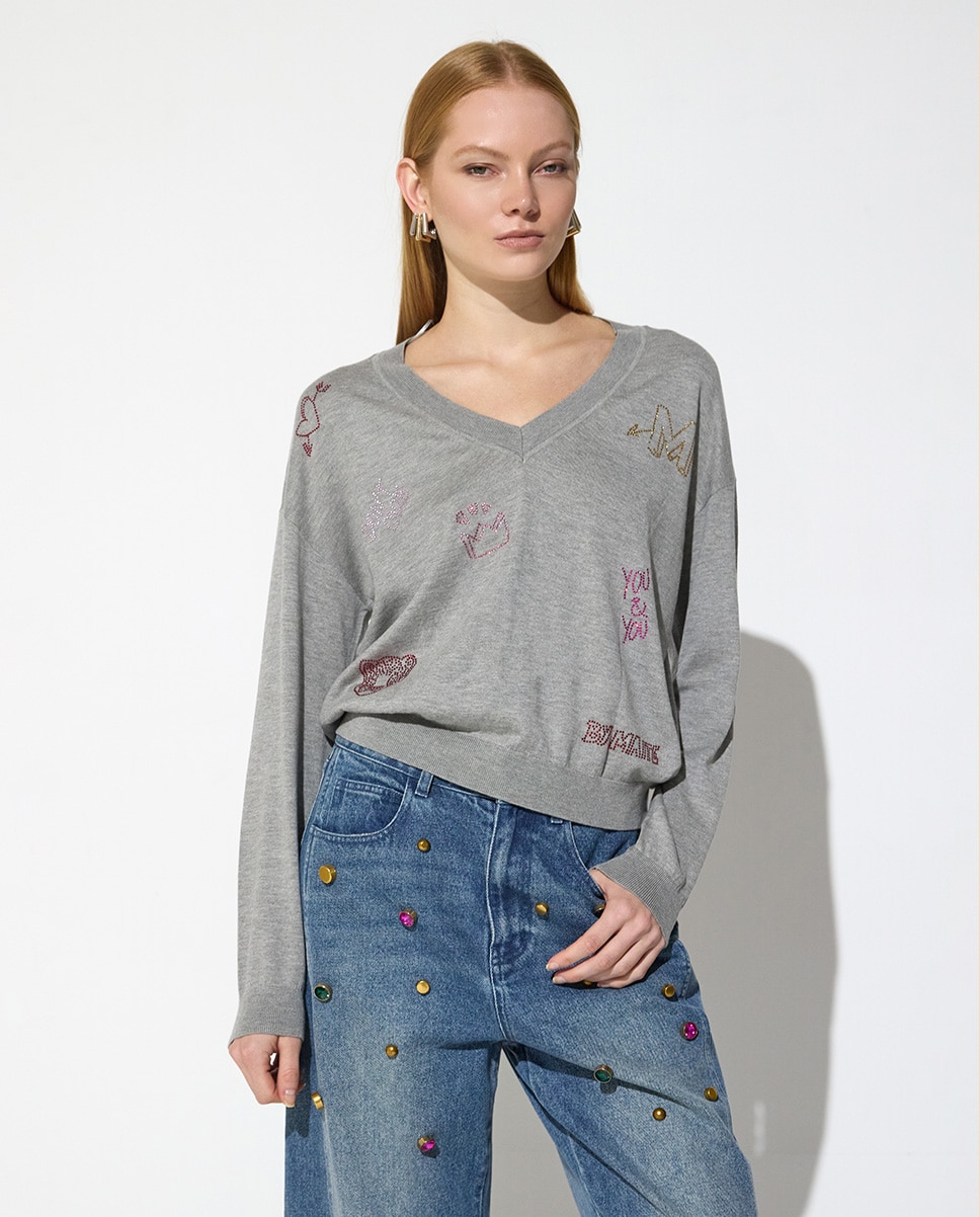 Jersey de mujer escote de pico con cristales - Lola Casademunt - Gris claro Gris claro-1