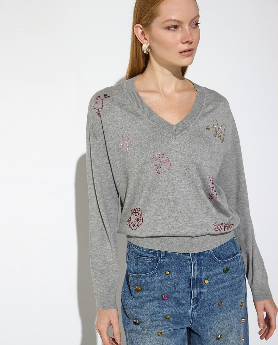 Jersey de mujer escote de pico con cristales - Lola Casademunt - Gris claro Gris claro-2
