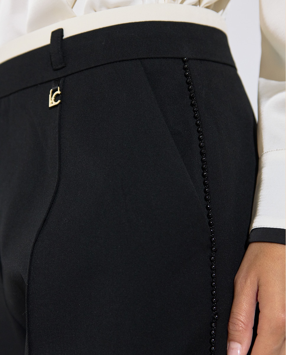 Pantalón recto de mujer con cinturilla bicolor y cinta de perlas lateral - Lola Casademunt - Negro Negro-3