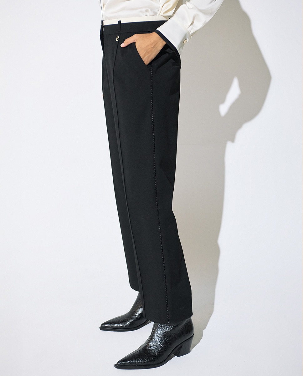 Pantalón recto de mujer con cinturilla bicolor y cinta de perlas lateral - Lola Casademunt - Negro Negro-4