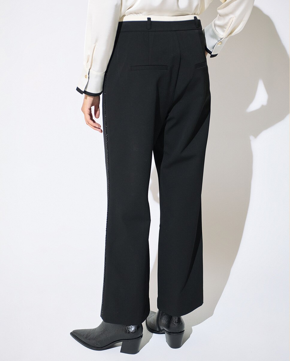 Pantalón recto de mujer con cinturilla bicolor y cinta de perlas lateral - Lola Casademunt - Negro Negro-5