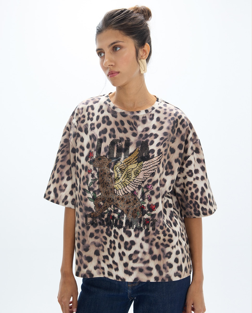 Camiseta de mujer cuello caja fit estampado leopardo - Lola Casademunt - Multicolor Multicolor-1