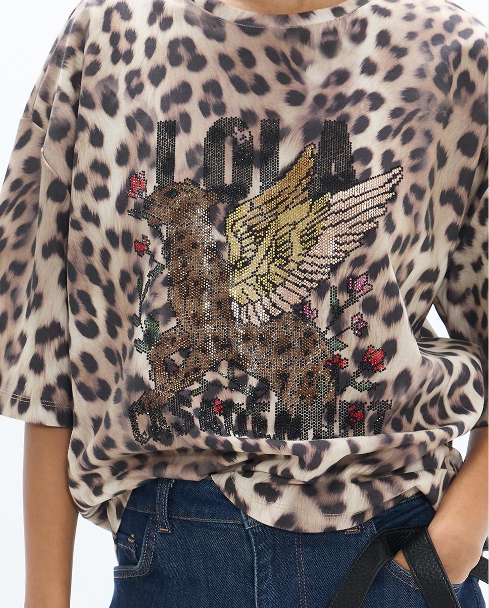 Camiseta de mujer cuello caja fit estampado leopardo - Lola Casademunt - Multicolor Multicolor-3