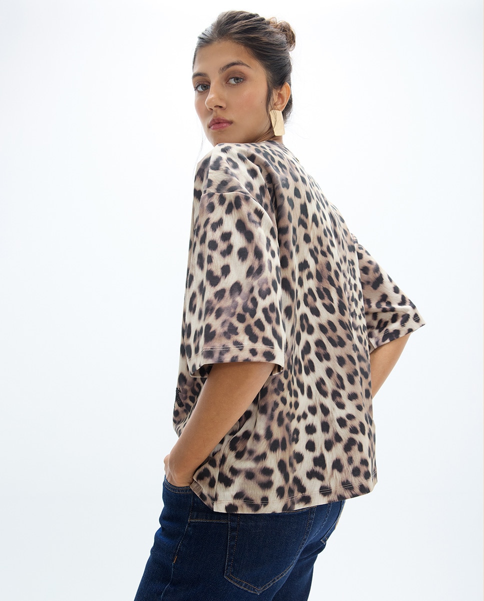 Camiseta de mujer cuello caja fit estampado leopardo - Lola Casademunt - Multicolor Multicolor-4