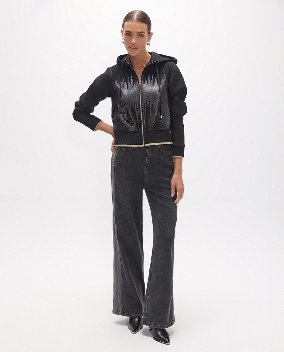 Sudadera de mujer de cremallera con capucha y lentejuelas - Lola Casademunt - Negro Negro-5