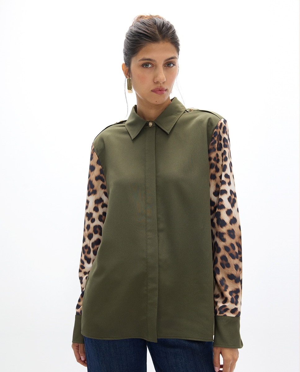 Camisa de mujer combinada leopardo - Lola Casademunt - Kaki Kaki-1