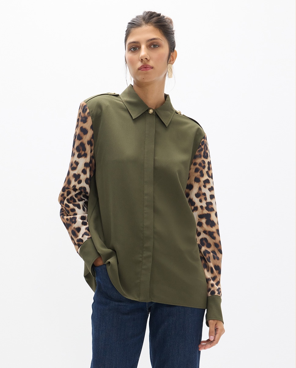 Camisa de mujer combinada leopardo - Lola Casademunt - Kaki Kaki-2