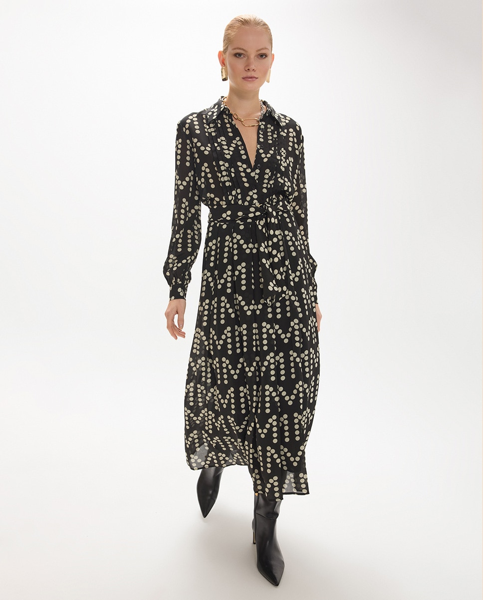 Vestido largo jaretas estampado de topos monograma - Lola Casademunt - Negro / Blanco Negro / Blanco-1
