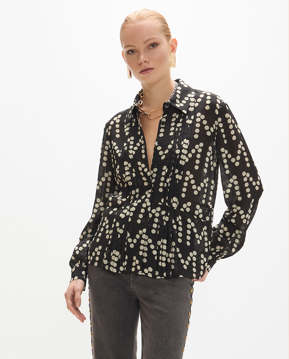 Camisa de mujer jaretas estampado de topos monograma - Lola Casademunt - Negro Negro-1
