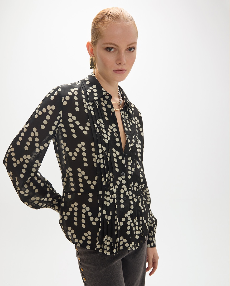 Camisa de mujer jaretas estampado de topos monograma - Lola Casademunt - Negro Negro-2