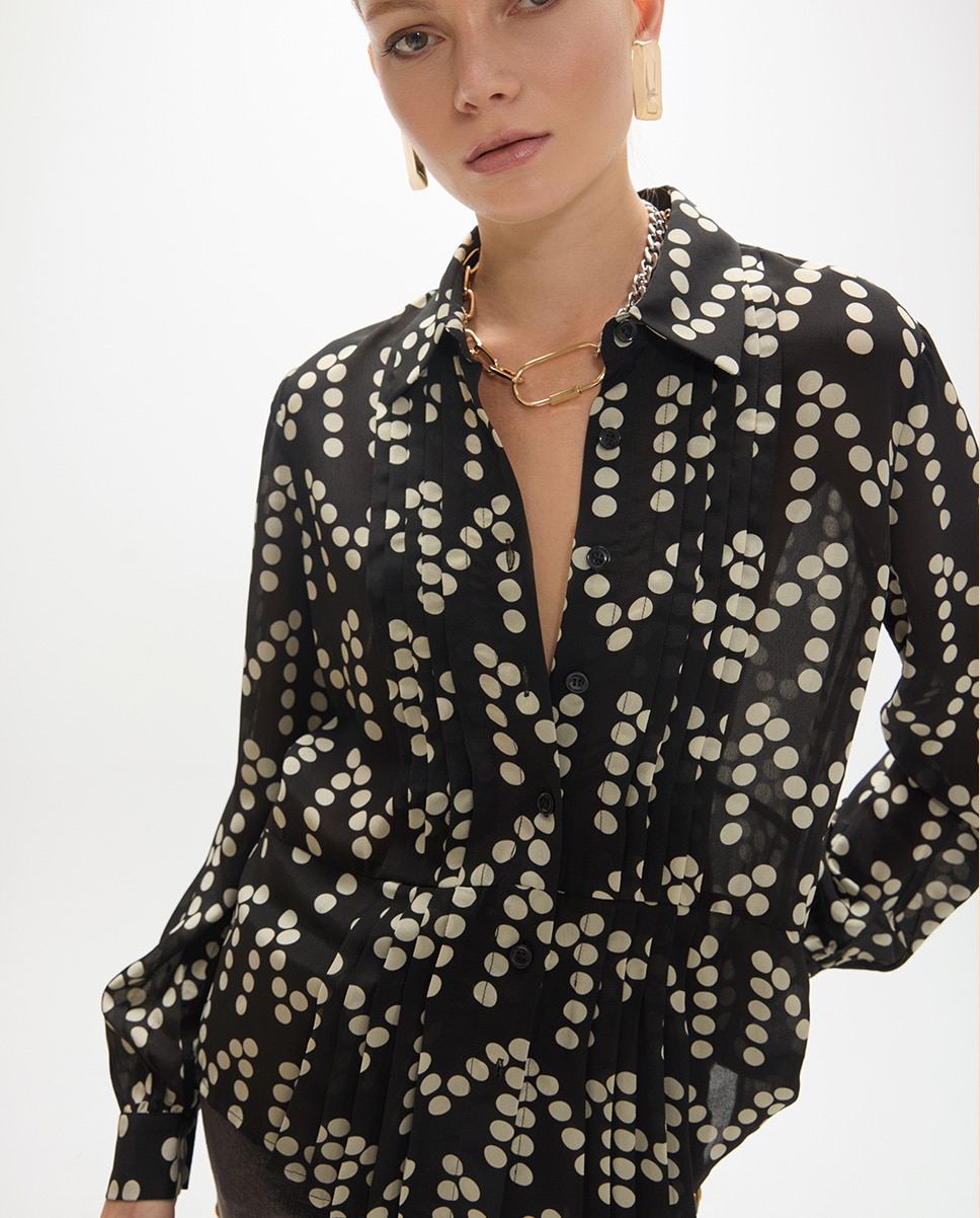 Camisa de mujer jaretas estampado de topos monograma - Lola Casademunt - Negro Negro-3