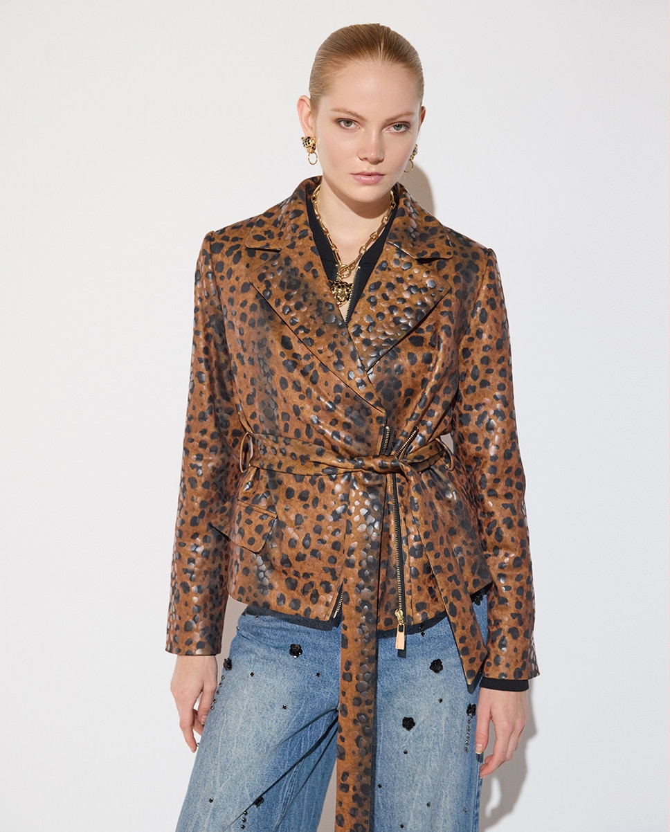 Cazadora biker de mujer con cinturón en neopreno estampado leopardo - Lola Casademunt - Marrón Marrón-1