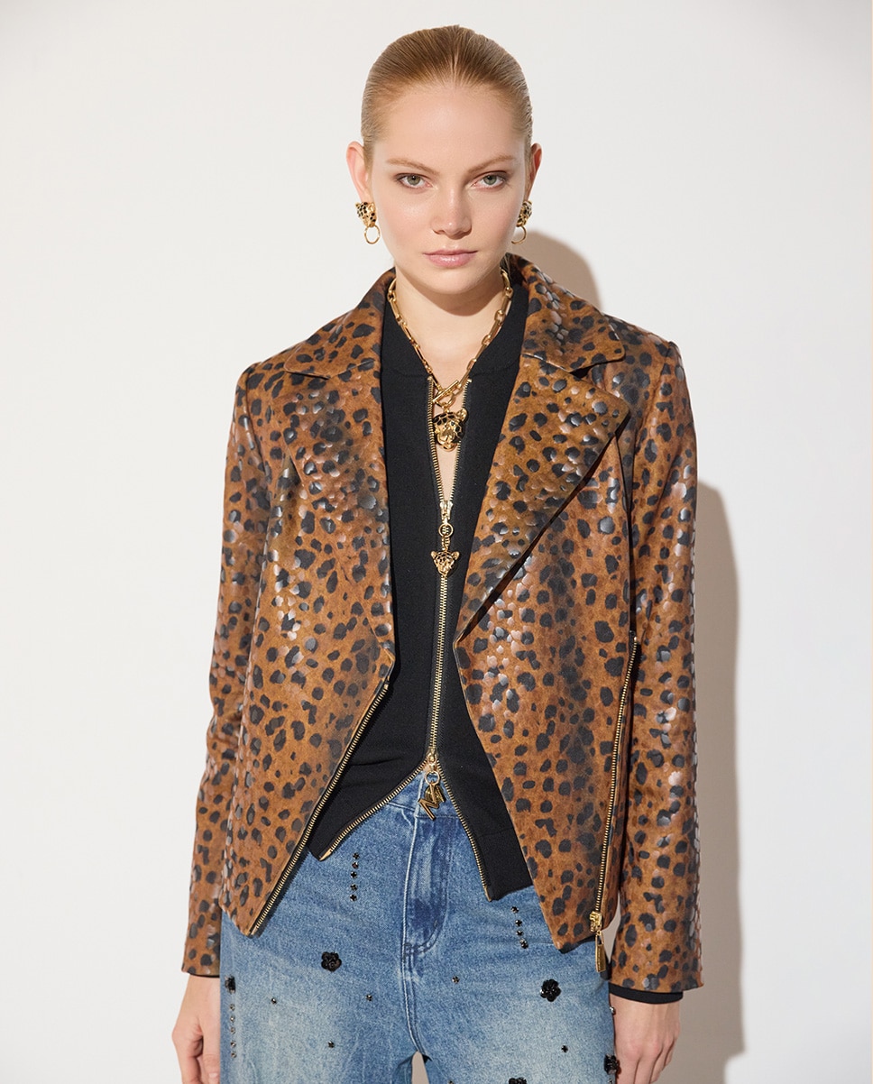 Cazadora biker de mujer con cinturón en neopreno estampado leopardo - Lola Casademunt - Marrón Marrón-2