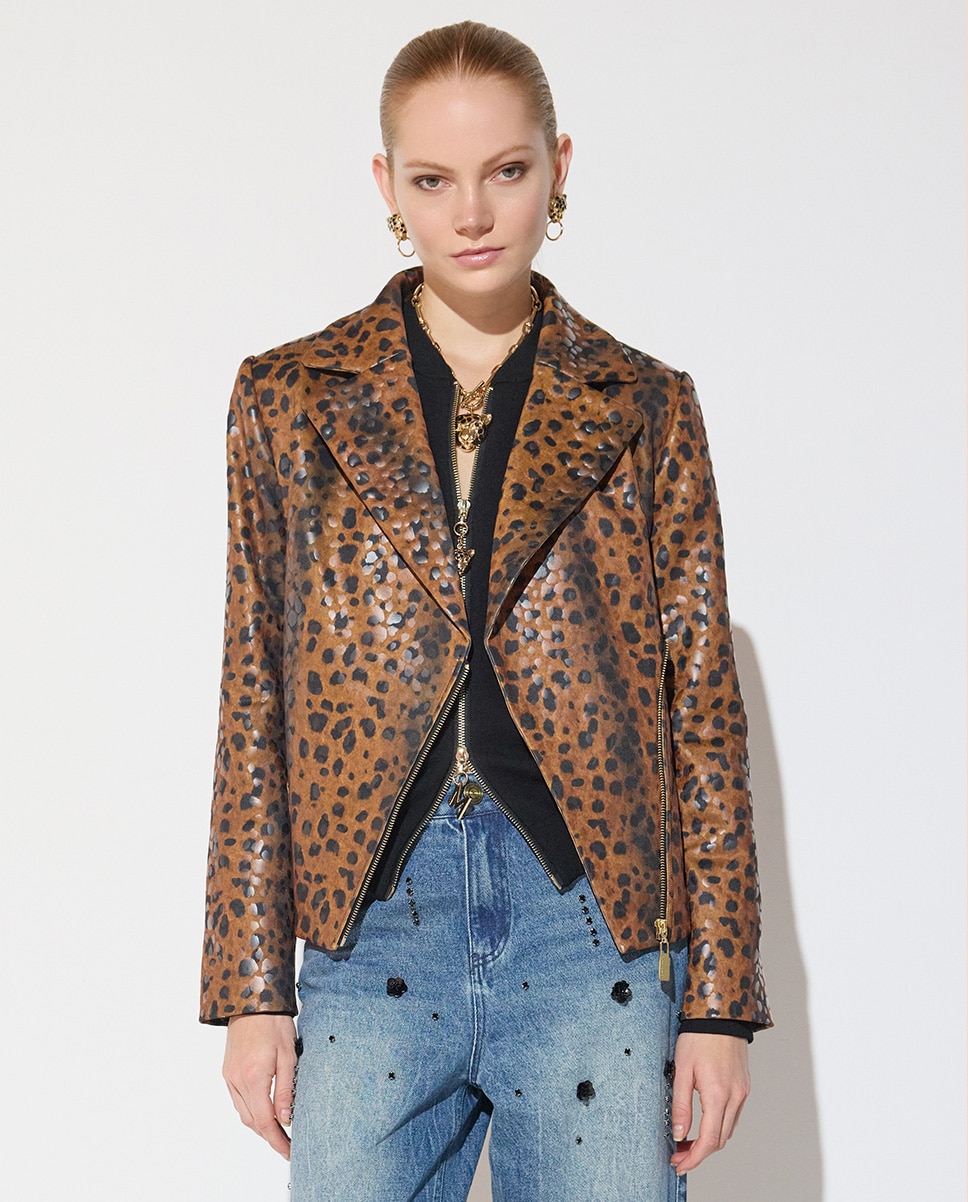 Cazadora biker de mujer con cinturón en neopreno estampado leopardo - Lola Casademunt - Marrón Marrón-3