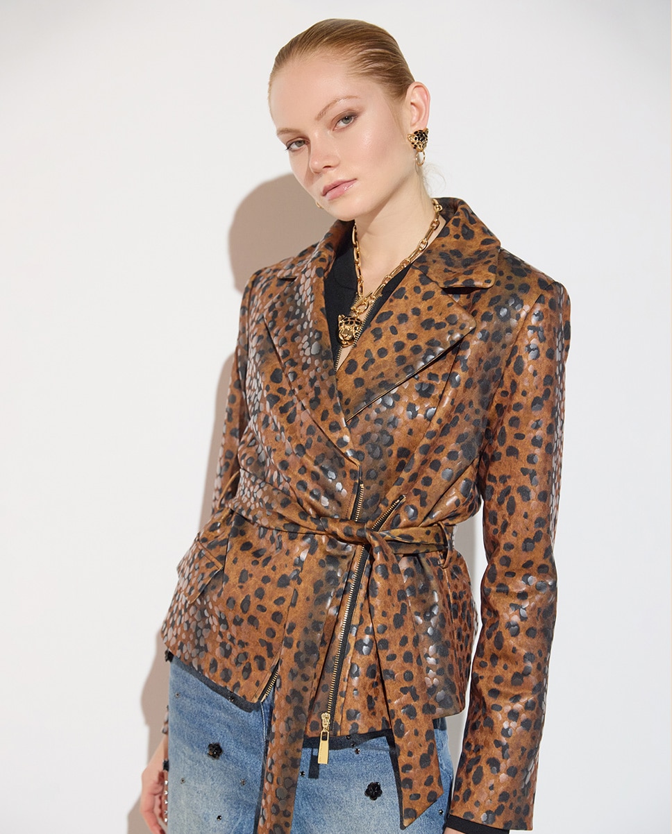 Cazadora biker de mujer con cinturón en neopreno estampado leopardo - Lola Casademunt - Marrón Marrón-4