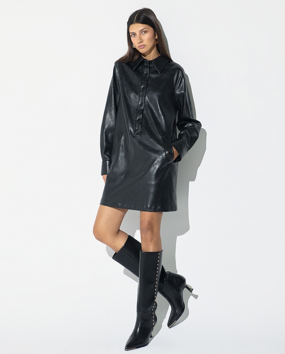 Vestido corto efecto piel con cuello camisero - Lola Casademunt - Negro Negro-1