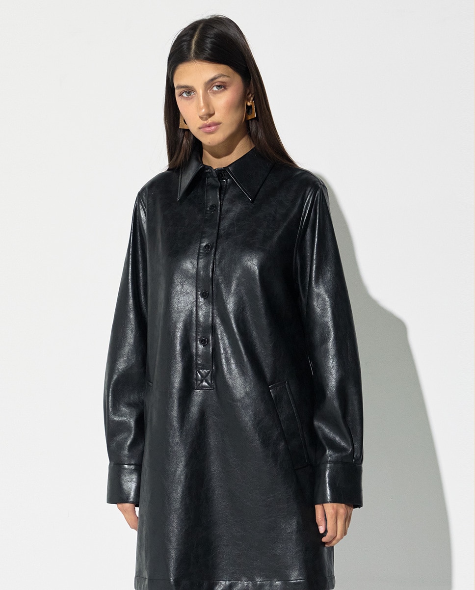 Vestido corto efecto piel con cuello camisero - Lola Casademunt - Negro Negro-2
