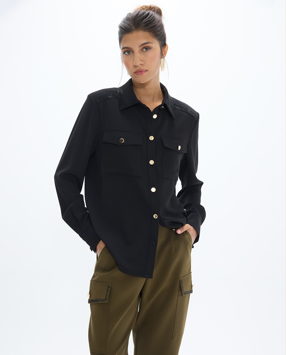 Camisa de mujer militar con detalle strass - Lola Casademunt - Negro Negro-2